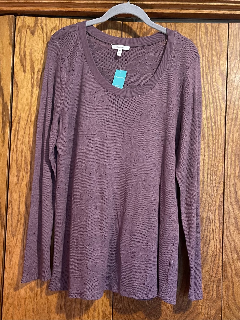 Maurices Mauve Floral-Textured Scoop Neck Long Sleeve Top